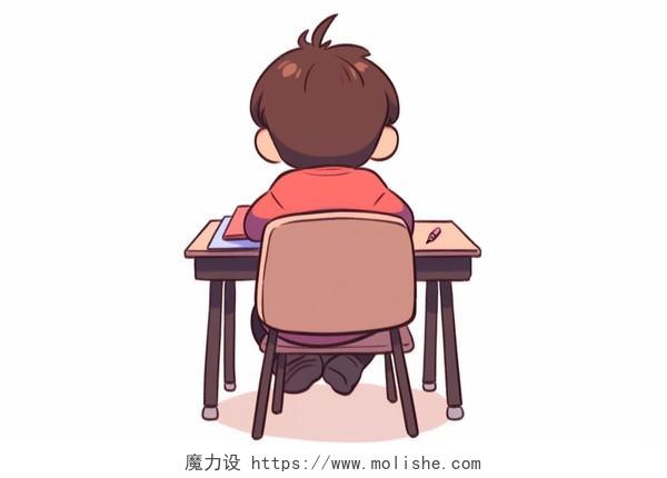 孩子坐在书桌前认真做作业的背影卡通AI插画
